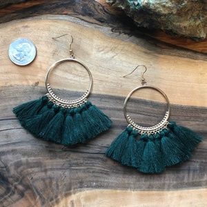 Forest Green Tassel Hoop Chandelier Earrings